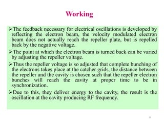 Working
The feedback necessary for electrical oscillations is developed by
reflecting the electron beam, the velocity modulated electron
beam does not actually reach the repeller plate, but is repelled
back by the negative voltage.
The point at which the electron beam is turned back can be varied
by adjusting the repeller voltage.
Thus the repeller voltage is so adjusted that complete bunching of
the electrons takes place at the catcher grids, the distance between
the repeller and the cavity is chosen such that the repeller electron
bunches will reach the cavity at proper time to be in
synchronization.
Due to this, they deliver energy to the cavity, the result is the
oscillation at the cavity producing RF frequency.
26
 