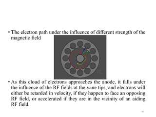 • The electron path under the influence of different strength of the
magnetic field
• As this cloud of electrons approaches the anode, it falls under
the influence of the RF fields at the vane tips, and electrons will
either be retarded in velocity, if they happen to face an opposing
RF field, or accelerated if they are in the vicinity of an aiding
RF field.
48
 