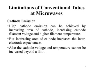 Limitations of Conventional Tubes
at Microwaves
Cathode Emission:
•High cathode emission can be achieved by
increasing area of cathode, increasing cathode
filament voltage and higher filament temperature.
•But increasing area of cathode increases the inter-
electrode capacitances.
•Also the cathode voltage and temperature cannot be
increased beyond a limit.
9
 