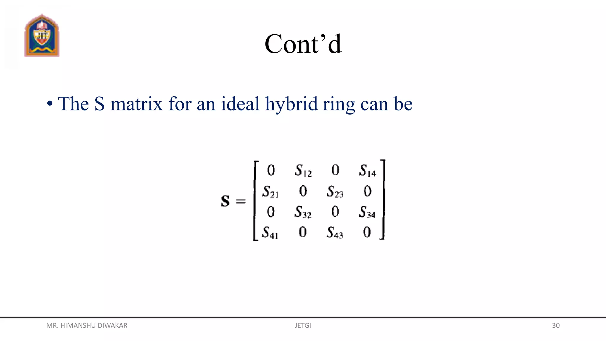 Cont’d
• The S matrix for an ideal hybrid ring can be
MR. HIMANSHU DIWAKAR JETGI 30
 