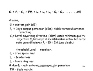 Micrwave Link Design 106
Gs = Pt – Cmin > FM + Lp + Lf + Lb – Gt – Gr . . . . . .(9)
dimana,
Gs = system gain (dB)
Pt = Daya output pemancar (dBm) tidak termasuk antenna
branching
Cmin= Level daya yang diterima (dBm) untuk minimum quality
objective Cmin biasanya dispesifikasikan untuk bit error
rate yang diinginkan, Pe = 10 -6
. Ini juga disebut
threshold Level receiver.
Lp = free space loss
Lf = feeder loss
Lb = branching loss
Gt dan Gr = gain antenna pemancar dan penerima.
FM = fade margin
 
