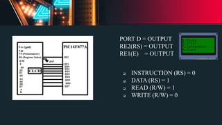 PORT D = OUTPUT
RE2(RS) = OUTPUT
RE1(E) = OUTPUT
 INSTRUCTION (RS) = 0
 DATA (RS) = 1
 READ (R/W) = 1
 WRITE (R/W) = 0
 