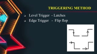 TRIGGERING METHOD
 Level Trigger - Latches
 Edge Trigger - Flip flop
 
