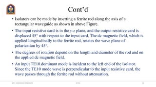 Cont’d
• Isolators can be made by inserting a ferrite rod along the axis of a
rectangular waveguide as shown in above Figure.
• The input resistive card is in the y-z plane, and the output resistive card is
displaced 45° with respect to the input card. The dc magnetic field, which is
applied longitudinally to the ferrite rod, rotates the wave plane of
polarization by 45°.
• The degrees of rotation depend on the length and diameter of the rod and on
the applied dc magnetic field.
• An input TE10 dominant mode is incident to the left end of the isolator.
Since the TE10 mode wave is perpendicular to the input resistive card, the
wave passes through the ferrite rod without attenuation.
MR. HIMANSHU DIWAKAR JETGI 14
 