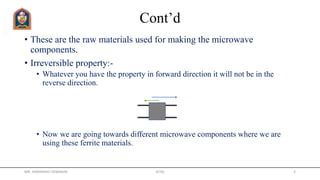 Cont’d
• These are the raw materials used for making the microwave
components.
• Irreversible property:-
• Whatever you have the property in forward direction it will not be in the
reverse direction.
• Now we are going towards different microwave components where we are
using these ferrite materials.
MR. HIMANSHU DIWAKAR JETGI 3
 