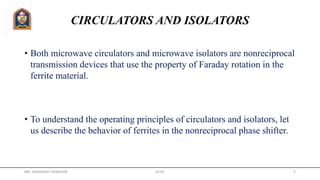 CIRCULATORS AND ISOLATORS
• Both microwave circulators and microwave isolators are nonreciprocal
transmission devices that use the property of Faraday rotation in the
ferrite material.
• To understand the operating principles of circulators and isolators, let
us describe the behavior of ferrites in the nonreciprocal phase shifter.
MR. HIMANSHU DIWAKAR JETGI 5
 