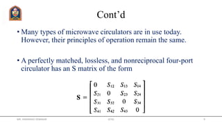 Cont’d
• Many types of microwave circulators are in use today.
However, their principles of operation remain the same.
• A perfectly matched, lossless, and nonreciprocal four-port
circulator has an S matrix of the form
MR. HIMANSHU DIWAKAR JETGI 9
 