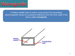 13
A Hollow metallic tube of uniform cross section for transmitting
electromagnetic waves by successive reflections from the inner walls of the
tube is called waveguide.
 