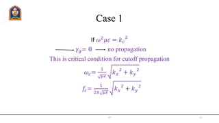 Case 1
If 𝜔2
𝜇𝜀 = 𝑘 𝑐
2
𝛾𝑔= 0 no propagation
This is critical condition for cutoff propagation
𝜔𝑐=
1
𝜇𝜖
𝑘 𝑥
2
+ 𝑘 𝑦
2
𝑓𝑐=
1
2𝜋 𝜇𝜖
𝑘 𝑥
2
+ 𝑘 𝑦
2
JIT 11
 