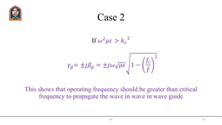 JIT 12
Case 2
If 𝜔2
𝜇𝜀 > 𝑘 𝑐
2
𝛾𝑔= ±𝑗𝛽𝑔 = ±𝑗𝜔 𝜇𝜖 1 −
𝑓𝑐
𝑓
2
This shows that operating frequency should be greater than critical
frequency to propagate the wave in wave in wave guide
 