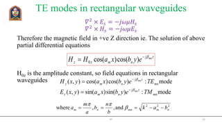TE modes in rectangular waveguides
𝛻2 × 𝐸𝑠 = −𝑗𝜔𝜇𝐻𝑠
𝛻2 × 𝐻𝑠 = −𝑗𝜔𝜇𝐸𝑠
Therefore the magnetic field in +ve Z direction ie. The solution of above
partial differential equations
H0z is the amplitude constant, so field equations in rectangular
waveguides
JIT 16
mode:)sin()sin(),(
mode:)cos()cos(),(
mn
zj
nmz
mn
zj
nmz
TMeybxayxE
TEeybxayxH
mn
mn






222
and,,where nmmnnm bak
b
n
b
a
m
a  

zj
nmzz
mn
eybxaHH 
 )cos()cos(0
 