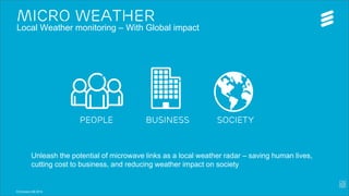 Micro weather

Local weather monitoring – with Global impact

People

Business

Society

Unleash the potential of microwave links as a local weather
radar – saving human lives, cutting cost to business,
and reducing weather impact on society
Page 1
© Ericsson AB 2014

 