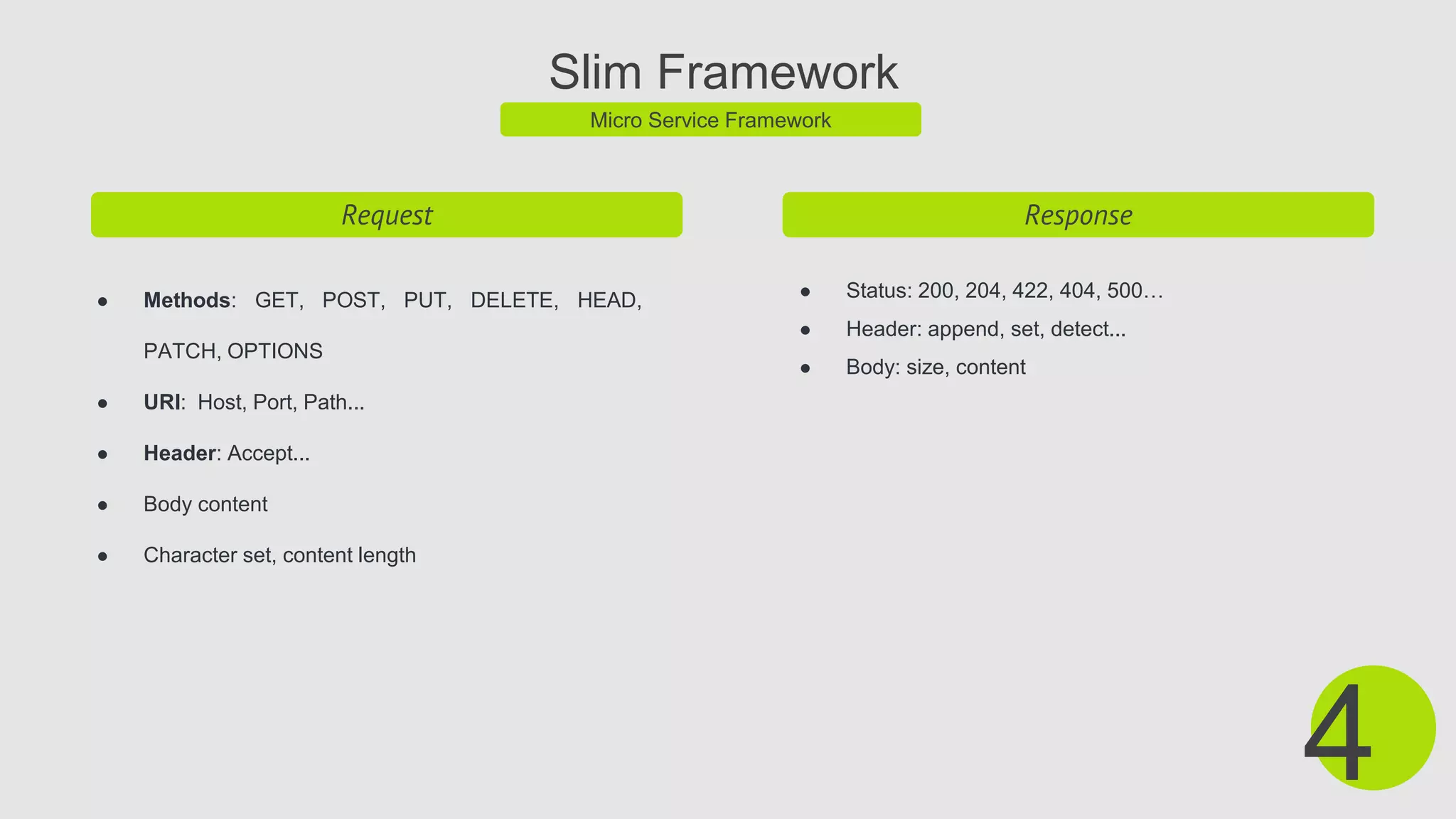 Slim Framework
Micro Service Framework
Request
● Methods: GET, POST, PUT, DELETE, HEAD,
PATCH, OPTIONS
● URI: Host, Port, Path...
● Header: Accept...
● Body content
● Character set, content length
4
Response
● Status: 200, 204, 422, 404, 500…
● Header: append, set, detect...
● Body: size, content
 