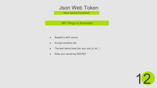 Json Web Token
Micro Service Framework
JWT Things to Remember
● Base64 is NOT secure
● Encrypt sensitive info
● The best claims body (iss, exp, sub, jti, iat…)
● Keep your secret key SECRET
12
 