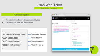 Json Web Token
Micro Service Framework
Putting all together
● The output is three Base64 strings separated by dots
● The claims body is the best part! It can tell:
7
 