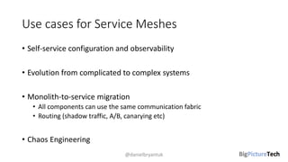 Use cases for Service Meshes
• Self-service configuration and observability
• Evolution from complicated to complex systems
• Monolith-to-service migration
• All components can use the same communication fabric
• Routing (shadow traffic, A/B, canarying etc)
• Chaos Engineering
@danielbryantuk
 