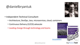 @danielbryantuk
• Independent Technical Consultant
• Architecture, DevOps, Java, microservices, cloud, containers
• Continuous Delivery (CI/CD) advocate
• Leading change through technology and teams
@danielbryantuk
bit.ly/2jWDSF7
 