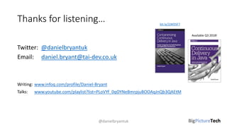 Thanks for listening…
Twitter: @danielbryantuk
Email: daniel.bryant@tai-dev.co.uk
Writing: www.infoq.com/profile/Daniel-Bryant
Talks: www.youtube.com/playlist?list=PLoVYf_0qOYNeBmrpjuBOOAqJnQb3QAEtM
@danielbryantuk
Available Q3 2018!
bit.ly/2jWDSF7
 