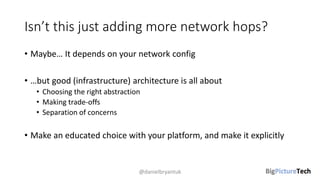Isn’t this just adding more network hops?
• Maybe… It depends on your network config
• …but good (infrastructure) architecture is all about
• Choosing the right abstraction
• Making trade-offs
• Separation of concerns
• Make an educated choice with your platform, and make it explicitly
@danielbryantuk
 