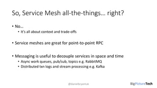 So, Service Mesh all-the-things… right?
• No…
• It’s all about context and trade-offs
• Service meshes are great for point-to-point RPC
• Messaging is useful to decouple services in space and time
• Async work queues, pub/sub, topics e.g. RabbitMQ
• Distributed txn logs and stream processing e.g. Kafka
@danielbryantuk
 
