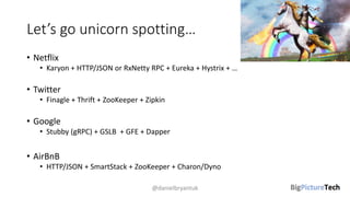 Let’s go unicorn spotting…
• Netflix
• Karyon + HTTP/JSON or RxNetty RPC + Eureka + Hystrix + …
• Twitter
• Finagle + Thrift + ZooKeeper + Zipkin
• Google
• Stubby (gRPC) + GSLB + GFE + Dapper
• AirBnB
• HTTP/JSON + SmartStack + ZooKeeper + Charon/Dyno
@danielbryantuk
 