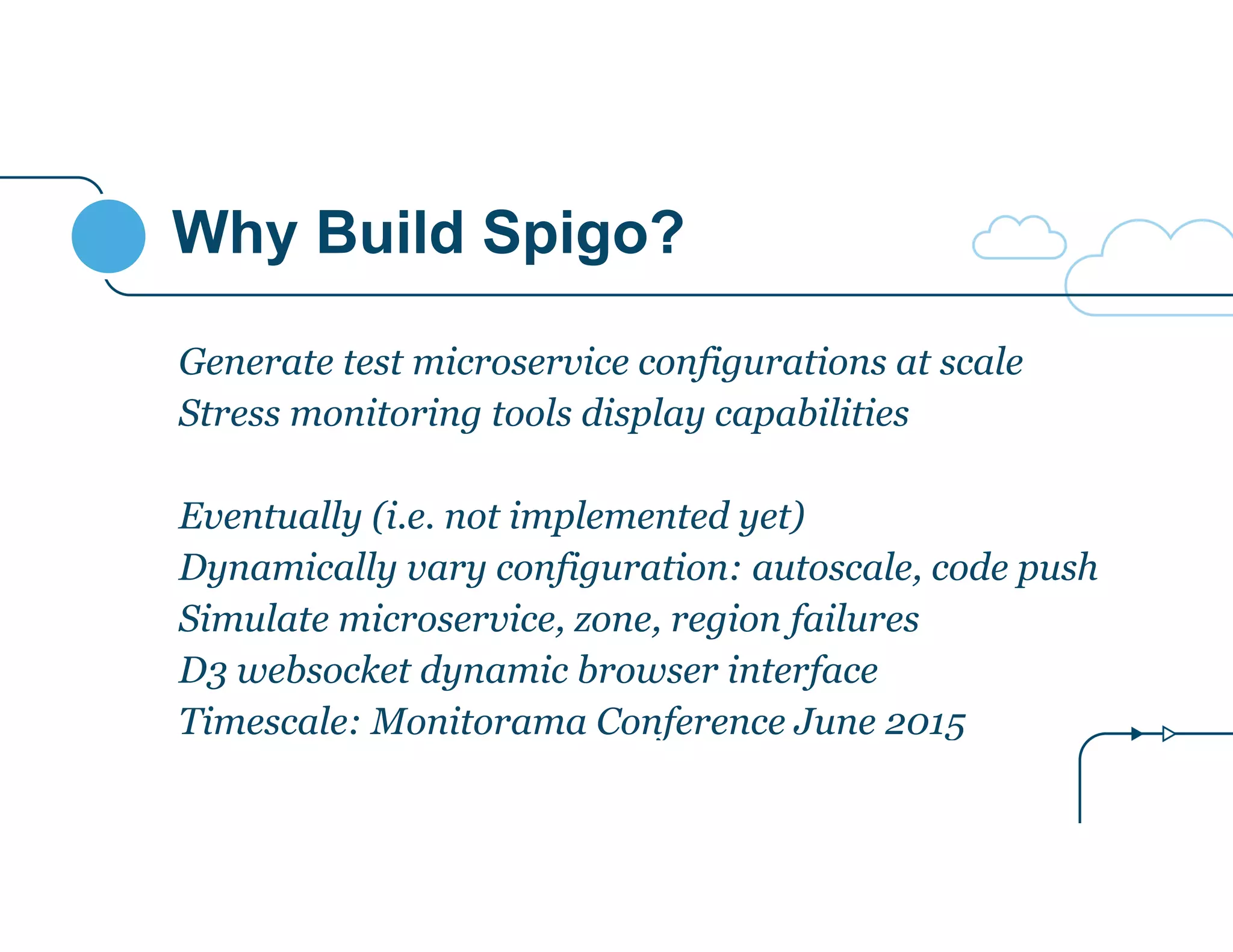 Why Build Spigo?
Generate test microservice configurations at scale
Stress monitoring tools display capabilities
!
Eventually (i.e. not implemented yet)
Dynamically vary configuration: autoscale, code push
Simulate microservice, zone, region failures
D3 websocket dynamic browser interface
Timescale: Monitorama Conference June 2015
 