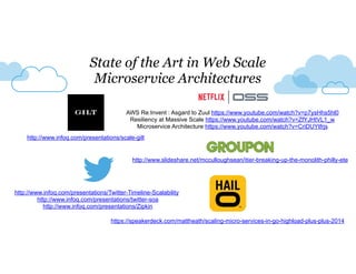 http://www.infoq.com/presentations/scale-gilt
http://www.slideshare.net/mcculloughsean/itier-breaking-up-the-monolith-philly-ete
http://www.infoq.com/presentations/Twitter-Timeline-Scalability
http://www.infoq.com/presentations/twitter-soa
http://www.infoq.com/presentations/Zipkin
https://speakerdeck.com/mattheath/scaling-micro-services-in-go-highload-plus-plus-2014
State of the Art in Web Scale
Microservice Architectures
AWS Re:Invent : Asgard to Zuul https://www.youtube.com/watch?v=p7ysHhs5hl0
Resiliency at Massive Scale https://www.youtube.com/watch?v=ZfYJHtVL1_w
Microservice Architecture https://www.youtube.com/watch?v=CriDUYtfrjs
 