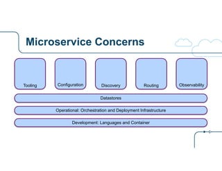 Microservice Concerns
ConfigurationTooling Discovery Routing Observability
Development: Languages and Container
Operational: Orchestration and Deployment Infrastructure
Datastores
 