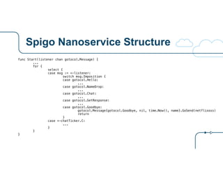 Spigo Nanoservice Structure
func Start(listener chan gotocol.Message) {
...
for {
select {
case msg := <-listener:
switch msg.Imposition {
case gotocol.Hello:
...
case gotocol.NameDrop:
...
case gotocol.Chat:
...
case gotocol.GetResponse:
...
case gotocol.Goodbye:
gotocol.Message{gotocol.Goodbye, nil, time.Now(), name}.GoSend(netflixoss)
return
}
case <-chatTicker.C:
...
}
}
}
 