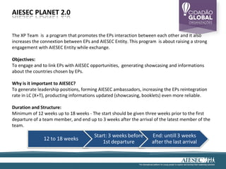 The XP Team is a program that promotes the EPs interaction between each other and it also
increases the connextion between EPs and AIESEC Entity. This program is about raising a strong
engagement with AIESEC Entity while exchange.

Objectives:
To engage and to link EPs with AIESEC opportunities, generating showcasing and informations
about the countries chosen by EPs.

Why is it important to AIESEC?
To generate leadership positions, forming AIESEC ambassadors, increasing the EPs reintegration
rate in LC (X+T), producting informations updated (showcasing, booklets) even more reliable.

Duration and Structure:
Minimum of 12 weeks up to 18 weeks - The start should be given three weeks prior to the first
departure of a team member, and end up to 3 weeks after the arrival of the latest member of the
team.
 
