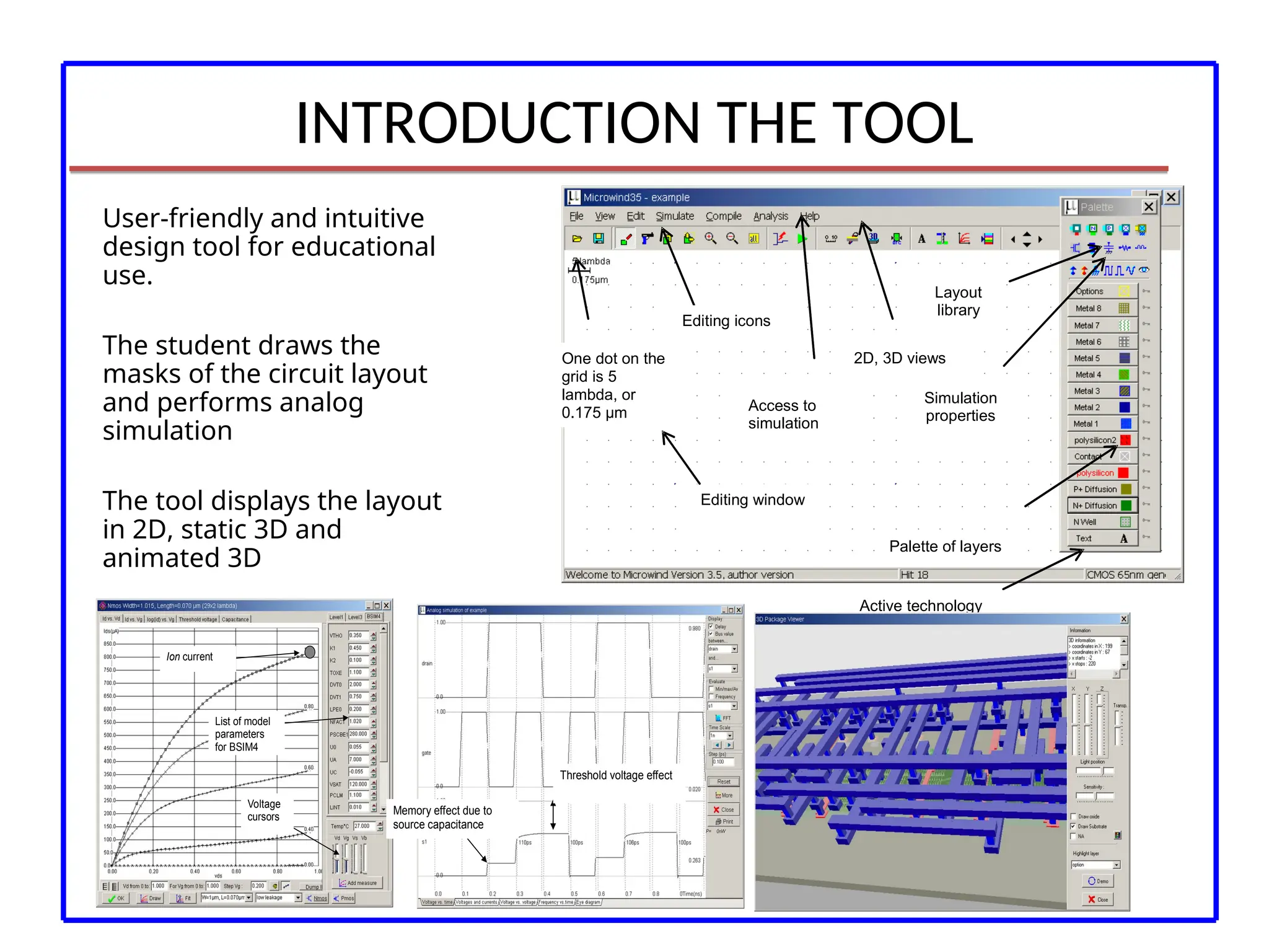 INTRODUCTION THE TOOL
User-friendly and intuitive
design tool for educational
use.
The student draws the
masks of the circuit layout
and performs analog
simulation
The tool displays the layout
in 2D, static 3D and
animated 3D
Editing window
One dot on the
grid is 5
lambda, or
0.175 µm
Editing icons
Access to
simulation
2D, 3D views
Simulation
properties
Layout
library
Active technology
Palette of layers
Ion current
Voltage
cursors
List of model
parameters
for BSIM4
Memory effect due to
source capacitance
Threshold voltage effect
 