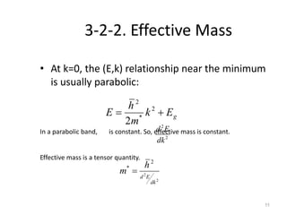11
3-2-2. Effective Mass
• At k=0, the (E,k) relationship near the minimum
is usually parabolic:
gEk
m
h
E  2
*
2
2
In a parabolic band, is constant. So, effective mass is constant.
Effective mass is a tensor quantity.
2
2
dk
Ed
2
2
2
*
dk
Ed
h
m 
 