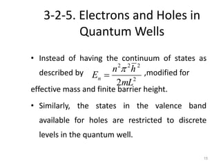 15
3-2-5. Electrons and Holes in
Quantum Wells
• Instead of having the continuum of states as
described by ,modified for
effective mass and finite barrier height.
• Similarly, the states in the valence band
available for holes are restricted to discrete
levels in the quantum well.
2
222
2mL
hn
En


 