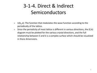 2
3-1-4. Direct & Indirect
Semiconductors
 U(kx,x): The function that modulates the wave function according to the
periodically of the lattice.
 Since the periodicity of most lattice is different in various directions, the (E,k)
diagram must be plotted for the various crystal directions, and the full
relationship between E and k is a complex surface which should be visualized
in there dimensions.
 