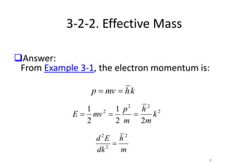 8
3-2-2. Effective Mass
khmvp 
2
22
2
22
1
2
1
k
m
h
m
p
mvE 
Answer:
From Example 3-1, the electron momentum is:
m
h
dk
Ed 2
2
2

 