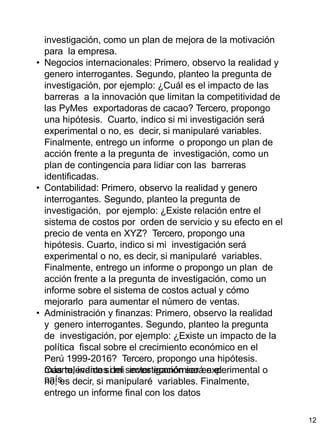 más relevantes del sector económico en el
país.
12
investigación, como un plan de mejora de la motivación
para la empresa.
• Negocios internacionales: Primero, observo la realidad y
genero interrogantes. Segundo, planteo la pregunta de
investigación, por ejemplo: ¿Cuál es el impacto de las
barreras a la innovación que limitan la competitividad de
las PyMes exportadoras de cacao? Tercero, propongo
una hipótesis. Cuarto, indico si mi investigación será
experimental o no, es decir, si manipularé variables.
Finalmente, entrego un informe o propongo un plan de
acción frente a la pregunta de investigación, como un
plan de contingencia para lidiar con las barreras
identificadas.
• Contabilidad: Primero, observo la realidad y genero
interrogantes. Segundo, planteo la pregunta de
investigación, por ejemplo: ¿Existe relación entre el
sistema de costos por orden de servicio y su efecto en el
precio de venta en XYZ? Tercero, propongo una
hipótesis. Cuarto, indico si mi investigación será
experimental o no, es decir, si manipularé variables.
Finalmente, entrego un informe o propongo un plan de
acción frente a la pregunta de investigación, como un
informe sobre el sistema de costos actual y cómo
mejorarlo para aumentar el número de ventas.
• Administración y finanzas: Primero, observo la realidad
y genero interrogantes. Segundo, planteo la pregunta
de investigación, por ejemplo: ¿Existe un impacto de la
política fiscal sobre el crecimiento económico en el
Perú 1999-2016? Tercero, propongo una hipótesis.
Cuarto, indico si mi investigación será experimental o
no, es decir, si manipularé variables. Finalmente,
entrego un informe final con los datos
 