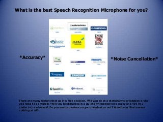 There are many factors that go into this decision. Will you be at a stationary workstation or do
you need to be mobile? Will you be dictating in a quiet environment or a noisy one? Do you
prefer to be wireless? Do you want speakers on your headset or not? Would you like to wear
nothing at all?
What is the best Speech Recognition Microphone for you?
*Accuracy* *Noise Cancellation*
 