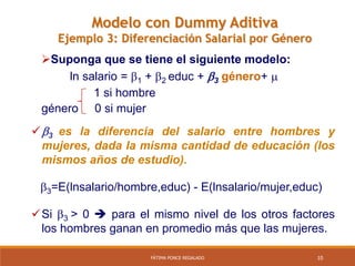 10FÁTIMA PONCE REGALADO
Suponga que se tiene el siguiente modelo:
ln salario = 1 + 2 educ + 3 género+ 
Modelo con Dummy Aditiva
Ejemplo 3: Diferenciación Salarial por Género
3 es la diferencia del salario entre hombres y
mujeres, dada la misma cantidad de educación (los
mismos años de estudio).
3=E(lnsalario/hombre,educ) - E(lnsalario/mujer,educ)
Si 3 > 0  para el mismo nivel de los otros factores
los hombres ganan en promedio más que las mujeres.
1 si hombre
género 0 si mujer
 