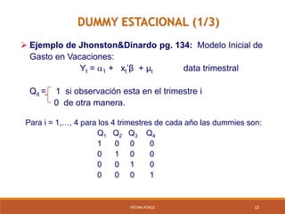 FÁTIMA PONCE 22
DUMMY ESTACIONAL (1/3)
 Ejemplo de Jhonston&Dinardo pg. 134: Modelo Inicial de
Gasto en Vacaciones:
Yt = 1 + xt’β + µt data trimestral
Qit = 1 si observación esta en el trimestre i
0 de otra manera.
Para i = 1,…, 4 para los 4 trimestres de cada año las dummies son:
Q1 Q2 Q3 Q4
1 0 0 0
0 1 0 0
0 0 1 0
0 0 0 1
 