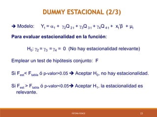 FÁTIMA PONCE 23
DUMMY ESTACIONAL (2/3)
 Modelo: Yt = 1 + 2Q 2 t + 3Q 3 t + 4Q 4 t + xt’β + µt
Para evaluar estacionalidad en la función:
H0: 2 = 3 = 4 = 0 (No hay estacionalidad relevante)
Emplear un test de hipótesis conjunto: F
Si Fest< Ftabla ó p-valor>0.05  Aceptar H0, no hay estacionalidad.
Si Fest > Ftabla ó p-valor<0.05 Aceptar H1, la estacionalidad es
relevante.
 