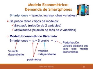 10FÁTIMA PONCE REGALADO
Modelo Econométrico:
Demanda de Smartphones
Smartphones = f(precio, ingreso, otras variables)
Smartphones =  + β precio + µ
o Modelo Econométrico Bivariado
Perturbación:
Variable aleatoria que
tiene todo modelo
econométricoVariable
independiente
Variable
dependiente
parámetros
Se puede tener 2 tipos de modelos:
 Bivariado (relación de 2 variables)
 Multivariado (relación de más de 2 variables)
 