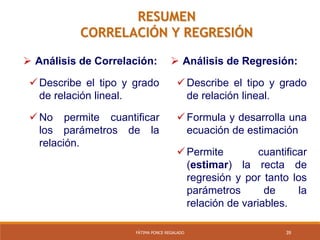 39FÁTIMA PONCE REGALADO
RESUMEN
CORRELACIÓN Y REGRESIÓN
 Análisis de Correlación:
Describe el tipo y grado
de relación lineal.
No permite cuantificar
los parámetros de la
relación.
 Análisis de Regresión:
Describe el tipo y grado
de relación lineal.
Formula y desarrolla una
ecuación de estimación
Permite cuantificar
(estimar) la recta de
regresión y por tanto los
parámetros de la
relación de variables.
 