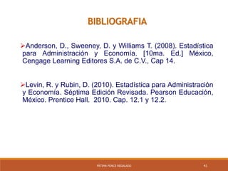 41FÁTIMA PONCE REGALADO
Anderson, D., Sweeney, D. y Williams T. (2008). Estadística
para Administración y Economía. [10ma. Ed.] México,
Cengage Learning Editores S.A. de C.V., Cap 14.
Levin, R. y Rubin, D. (2010). Estadística para Administración
y Economía. Séptima Edición Revisada. Pearson Educación,
México. Prentice Hall. 2010. Cap. 12.1 y 12.2.
BIBLIOGRAFIA
 