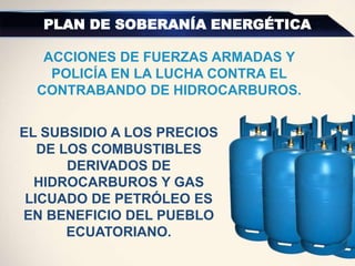 PLAN DE SOBERANÍA ENERGÉTICA
ACCIONES DE FUERZAS ARMADAS Y
POLICÍA EN LA LUCHA CONTRA EL
CONTRABANDO DE HIDROCARBUROS.
EL SUBSIDIO A LOS PRECIOS
DE LOS COMBUSTIBLES
DERIVADOS DE
HIDROCARBUROS Y GAS
LICUADO DE PETRÓLEO ES
EN BENEFICIO DEL PUEBLO
ECUATORIANO.
 