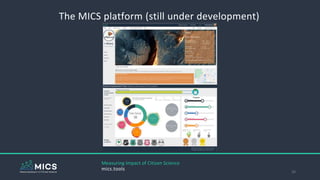 The MICS platform (still under development)
26
Measuring Impact of Citizen Science
mics.tools
Progress
 