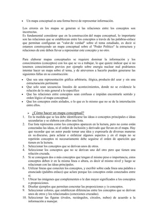 Un mapa conceptual es una forma breve de representar información.

Los errores en los mapas se generan si las relaciones entre los conceptos son
incorrectas.
Es fundamental considerar que en la construcción del mapa conceptual, lo importante
son las relaciones que se establezcan entre los conceptos a través de las palabras-enlace
que permitan configuran un "valor de verdad" sobre el tema estudiado, es decir si
estamos construyendo un mapa conceptual sobre el "Poder Político" la estructura y
relaciones de este deben llevar a representar este concepto y no otro.

Para elaborar mapas conceptuales se requiere dominar la información y los
conocimientos (conceptos) con los que se va a trabajar, lo que quiere indicar que si no
tenemos conocimientos previos por ejemplo sobre energía nuclear mal podríamos
intentar hacer un mapa sobre el tema, y de atrevernos a hacerlo pueden generarse las
siguientes fallas en su construcción:
     Que sea una representación gráfica arbitraria, ilógica, producto del azar y sin una
     estructuración pertinente
     Que solo sean secuencias lineales de acontecimientos, donde no se evidencie la
     relación de lo más general a lo específico
     Que las relaciones entre conceptos sean confusas e impidan encontrarle sentido y
     orden lógico al mapa conceptual.
     Que los conceptos estén aislados, o lo que es lo mismo que no se de la interrelación
     entre ellos.

        ¿Cómo hacer un mapa conceptual?
1.  En la medida que se lea debe identificarse las ideas o conceptos principales e ideas
    secundarias y se elabora con ellos una lista.
2. Esa lista representa como los conceptos aparecen en la lectura, pero no como están
    conectadas las ideas, ni el orden de inclusión y derivado que llevan en el mapa. Hay
    que recordar que un autor puede tomar una idea y expresarla de diversas maneras
    en su discurso, para aclarar o enfatizar algunos aspectos y en el mapa no se
    repetirán conceptos ni necesariamente debe seguirse el orden de aparición que
    tienen en la lectura.
3. Seleccionar los conceptos que se derivan unos de otros.
4. Seleccionar los conceptos que no se derivan uno del otro pero que tienen una
    relación cruzada.
5. Si se consiguen dos o más conceptos que tengan el mismo peso o importancia, estos
    conceptos deben ir en la misma línea o altura, es decir al mismo nivel y luego se
    relacionan con las ideas principales.
6. Utilizar líneas que conecten los conceptos, y escribir sobre cada línea una palabra o
    enunciado (palabra enlace) que aclare porque los conceptos están conectados entre
    sí.
7. Ubicar las imágenes que complementen o le dan mayor significados a los conceptos
    o proposiciones.
8. Diseñar ejemplos que permitan concretar las proposiciones y /o conceptos.
9. Seleccionar colores, que establezcan diferencias entre los conceptos que se derivan
    unos de otros y los relacionados (conexiones cruzadas).
10. Seleccionar las figuras (óvalos, rectángulos, círculos, nubes) de acuerdo a la
    información a manejar.
 