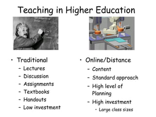 Teaching in Higher Education Traditional Lectures Discussion Assignments Textbooks Handouts Low investment Online/Distance Content Standard approach High level of Planning High investment Large class sizes 