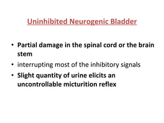 Uninhibited Neurogenic Bladder Partial damage in the spinal cord or the brain stem interrupting most of the inhibitory signals Slight quantity of urine elicits an uncontrollable micturition reflex  