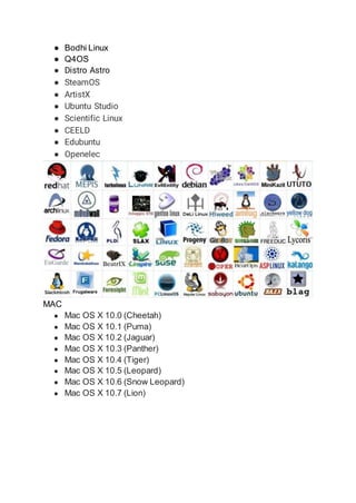 ● Bodhi Linux
● Q4OS
● Distro Astro
● SteamOS
● ArtistX
● Ubuntu Studio
● Scientific Linux
● CEELD
● Edubuntu
● Openelec
MAC
● Mac OS X 10.0 (Cheetah)
● Mac OS X 10.1 (Puma)
● Mac OS X 10.2 (Jaguar)
● Mac OS X 10.3 (Panther)
● Mac OS X 10.4 (Tiger)
● Mac OS X 10.5 (Leopard)
● Mac OS X 10.6 (Snow Leopard)
● Mac OS X 10.7 (Lion)
 