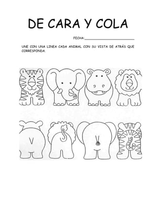 DE CARA Y COLA
FECHA:__________________________
UNE CON UNA LINEA CADA ANIMAL CON SU VISTA DE ATRÁS QUE
CORRESPONDA.
 